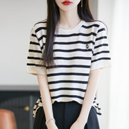 恒順羊針織短袖t恤女裝夏季新款寬松顯瘦條紋百搭休閑薄款透氣涼感上衣 黑白條紋 XL 建議115-125斤