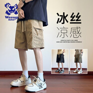 Wassup Sohot短褲男夏季冰絲涼感工裝褲男潮流休閑五分褲 卡其色 L