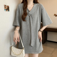 皮爾卡丹設計感飄帶V領(lǐng)短袖T恤女夏裝新款大碼胖mm中長(cháng)款遮屁股上衣打底衫 灰色上衣正肩/短款/炸街/獨特別 L 建議100-115斤