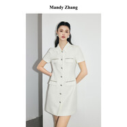 Mandy Zhang法式千金風鑲鉆白色連衣裙女夏季時尚翻領(lǐng)高級短袖裙子 星光皓白 L