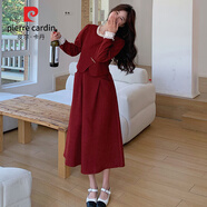 皮爾卡丹紅色拼接中國風(fēng)木耳邊連衣裙女2025早春新款法式時尚收腰顯瘦長裙 紅色 M 【111斤-125斤】