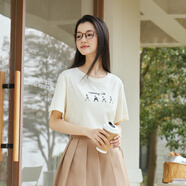 紫涵夏季T恤短袖森女系簡(jiǎn)約圓領(lǐng)打底衫內搭休閑寬松百搭上衣女 米金 L