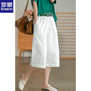 羅蒙（ROMON）冰絲棉麻七分褲女夏季2025新款寬松大碼胖m妹直筒高腰顯瘦休閑闊 白色(送腰帶) L 【建議120-140斤】