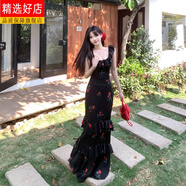 CEOCK2025新款胖MM玫瑰印花露背吊帶連衣裙女夏季新款大碼修身顯瘦荷葉 圖片色-旗艦款 M 【建議90-100斤】