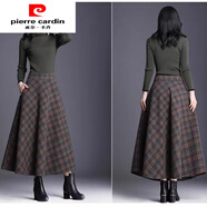 皮爾卡丹（pierre cardin）中老年媽媽裝毛呢冬裙半身裙女秋冬季洋氣大碼高腰顯瘦大擺長裙子 -橘色格子色 L 100-120斤
