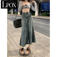 LPOX半身裙寬松款牛仔半身裙子女春夏季新款a字半身裙長(cháng)款魚(yú)尾裙子女 復古藍[高品質(zhì)] M [95-105斤]