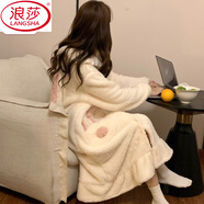 浪莎（LangSha）珊瑚絨睡袍女秋冬季睡裙長款浴衣加絨加厚法蘭絨浴袍睡衣連帽晨袍 CX-959#兔袍-米白 XL 170