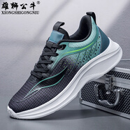 雄獅公牛（XIONGSHIGONGNIU）男鞋運動2025夏款網(wǎng)面透氣休閑鞋舒適耐磨鞋防滑輕便男士跑步 黑綠 39