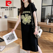 皮爾卡丹（pierre cardin）【印花元素】慵懶風(fēng)短袖t恤裙女夏季休閑寬松過膝長裙純.棉長款連 黑色今年流行的輕奢品牌 2XL 【建議150-170斤內(nèi)穿】