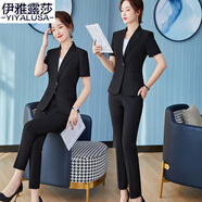 伊雅露莎短袖職業(yè)小西裝套裝女夏季微彈高端免燙西服工衣通勤商務(wù)正裝919 黑色西裝+九分褲 XL