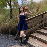 京濮飛韓版洗水牛仔連衣裙夏吊帶短裙 深藍色 S