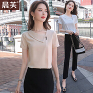 晨芙雪紡襯衫女夏季短袖時尚斜V領(lǐng)職業(yè)商務(wù)珠寶美容院前臺接待工作服 單件香檳色襯衫 XL 建議110-120斤