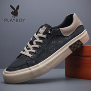 花花公子（PLAYBOY）2025新款春秋季帆布鞋男鞋潮鞋韓版潮流休閑百搭低幫布鞋男士板鞋 黑米 網(wǎng)面款 38