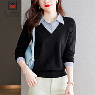 AEMAPE針織衫女2025秋冬季新款時(shí)尚知性通勤百搭打底衫假兩件毛衣女上衣 黑色 M 建議85-115斤