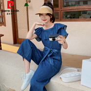 皮爾卡丹（pierre cardin）荷葉邊連體褲女夏季小個(gè)子感法式氣質(zhì)闊腿長(zhǎng)褲連身衣牛仔套裝 牛仔藍(lán) XS 95斤內(nèi)