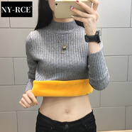 NY-RCE半高領(lǐng)加絨毛衣打底衫女新款秋冬女士加厚保暖修身內(nèi)搭針織衫 灰色(純色袖) 加絨 S