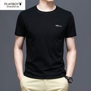 花花公子（PLAYBOY）男士純棉T恤男短袖夏季中青年男裝圓領(lǐng)半袖上衣體恤衫 黑色 7018 M 適合100-120斤穿