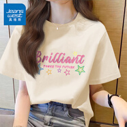 真維斯（JEANSWEST）100%全棉短袖女款夏季2025新款寬松小個(gè)子韓版t恤女裝落肩半袖衫 米色 絢爛星星_Z M