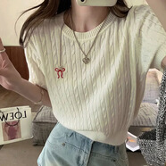 HUALIN FASHION學(xué)院風(fēng)設計感蝴蝶結短袖T恤女裝 米白色 柔軟親膚包芯紗 均碼 小碼115斤內