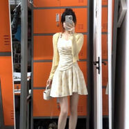 SZVB連衣裙女2025新款裙子夏天女裝法式浪漫夏季黃色碎花吊帶小個(gè)子茶 杏色連衣短裙 S