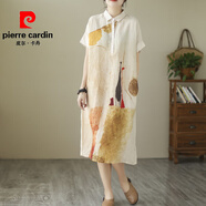 皮爾卡丹（pierre cardin）印花亞麻襯衫連衣裙夏季女裝短袖洋氣長裙寬松棉麻連衣裙2025新款 圖片色 均碼 大【建議85-170斤】