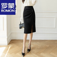 羅蒙（ROMON）輕奢女裝半身裙女2024春夏季新款高腰開叉褶皺裙子氣質(zhì)通勤職業(yè)裝 黑色 L