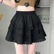 她戲設計感純欲初戀少女粉蛋糕半身裙精致甜美蕾絲拼接系帶百褶裙短裙 黑色 S