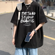 肯奈迪短袖男生夏季t恤新款美式夏天潮牌半袖寬松重磅棉質(zhì)上衣體恤男款 棉質(zhì)短袖T恤-STUDIO款 黑色 XL 【170-180cm】