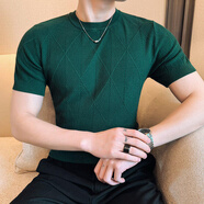 管先生秋冬季半袖小衫男加厚鉤花短袖針織衫秋冬款短袖毛衣男內搭t恤潮 M809墨綠色 2XL