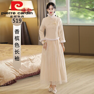 皮爾卡丹伴娘服2025新款中國風(fēng)婚禮新娘閨蜜姐妹團(tuán)伴娘裙復(fù)古中式旗袍禮服 香檳色 毛毛袖 加.絨加厚今年流 S 建議85-98斤