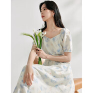 茵曼（INMAN）法式暈染女裝V領吊帶連衣裙2025夏季新品裙子 白底藍花-短袖 XL