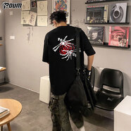 POUM美式潮牌短袖t恤男女士純棉夏季寬松休閑內搭上衣PH08黑色M