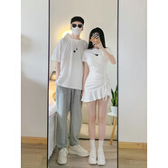 智兜兜白色月牙2025新款情侶裝夏季短袖不一樣女裙子ins風(fēng)設(shè)計(jì)感潮流T恤 米白色 男S(約100-120斤) 均碼