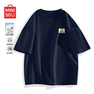 名創(chuàng)優(yōu)品（MINISO）夏季短袖t恤男藏青美式潮流涂鴉半袖男生大碼重磅純棉休閑體恤衫 【100%純棉】藏青(m幸福生活胸標(biāo)) L /175(30天質(zhì)量問題全額退)