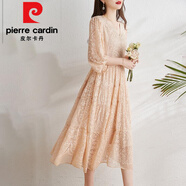 皮爾卡丹（pierre cardin）桑蠶|絲連衣裙女夏季新款氣質(zhì)時尚百搭休閑真|絲刺繡裙子顯瘦女裝 杏色 M