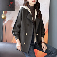 AEMAPE連帽假兩件雙排扣外套2025年秋季韓版新款寬松加厚毛呢大衣女 深灰色 L 建議125-140斤