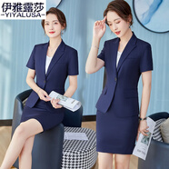 伊雅露莎短袖職業(yè)小西裝套裝女夏季微彈高端免燙西服工衣通勤商務(wù)正裝919 藍色西裝+半身裙 XL