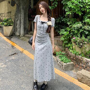 沐霓 法式復古碎花連衣裙女夏長(cháng)裙假兩件修身沙灘裙公主裙子 印花連衣裙【灰色-長(cháng)款M】