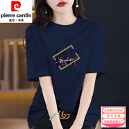 皮爾卡丹（pierre cardin）女士t恤短袖2025新款夏季薄款寬松遮肚休閑大碼百搭體恤衫 短袖【金方格】藏藍色 S 建議80-100斤
