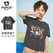 小豬班納男童短袖T恤2025新款中大童夏季純棉款半袖時髦兒童休閑運動上衣 中灰/X開車豬豬 110 （體重30-38）