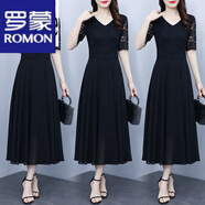 羅蒙（ROMON）連衣裙女2023春夏新款蕾絲大擺收腰沙灘裙顯瘦度假高腰雪紡長裙子 黑色 M