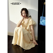 闊色（kuose）v領(lǐng)荷葉邊收腰長(cháng)裙女2025夏季新款黃色小飛袖刺繡花邊連衣裙 淺黃色 L