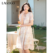 LAGOGO荷葉邊多巴胺暈染連衣裙女拉谷谷2025年春夏新款印花裙子 混色 S