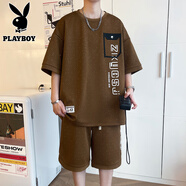 花花公子（PLAYBOY ESTABLISHED 1953）短袖t恤套裝男士夏季2025新款寬松休閑運(yùn)動(dòng)短褲兩件套潮 TZ2511卡其色 M