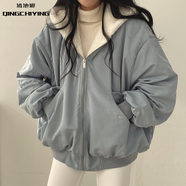 清池影（QINGCHIYING）韓國加絨加厚兩面穿羊羔毛棉服女裝外套冬季新款拉鏈連帽棉上衣寬 主圖色 L 建議110-125斤
