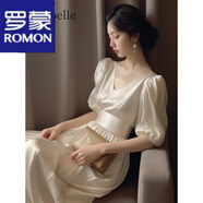 羅蒙（ROMON）白色緞面連衣裙女裝夏季新款法式氣質(zhì)名媛高端女神范泡泡袖長裙子 白色連衣裙 M
