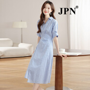 JPN香港潮牌短袖襯衫條紋連衣裙女2025夏季新款褶皺顯瘦不規(guī)則A字裙 圖片色 XL