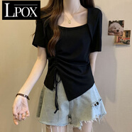 LPOX短袖女不規則方領(lǐng)短袖t恤女夏裝新款大碼抽繩款折褶百搭上衣女 黑色高質(zhì)量 XL :建議115-130斤