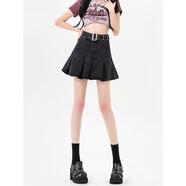 皓娥 辣妹美式復古黑色牛仔半身短裙百褶裙春夏含內襯A字裙半身裙 黑色(含打底內襯） L 建議：97-110斤