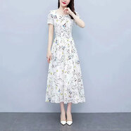 皮爾卡丹（pierre cardin）碎花冰絲連衣裙女2025夏季新款大碼氣質媽m媽裝減齡收腰顯瘦長裙 313白花【單/件連衣裙】 后續(xù)恢 4XL 155-170斤